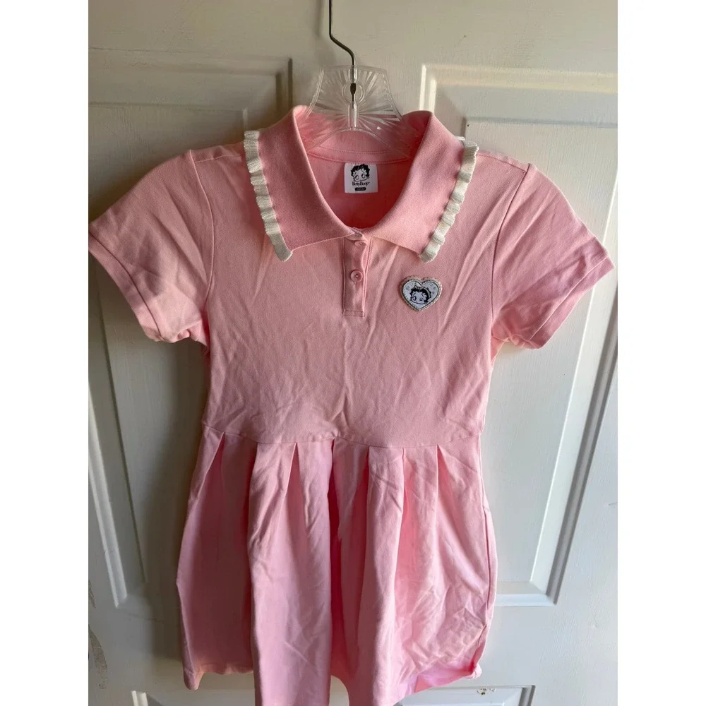 Betty Boop Girls Pink Polo Dress Ruffle Collar Pleated Skirt Size 140 2022